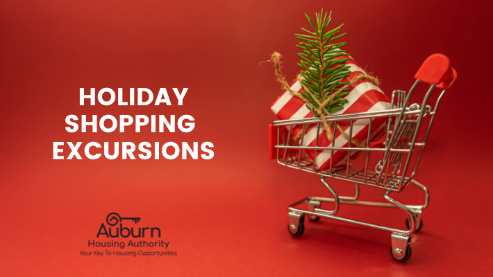 AHA Holiday Shopping Excursions Banner with shopping cart with christmas gift