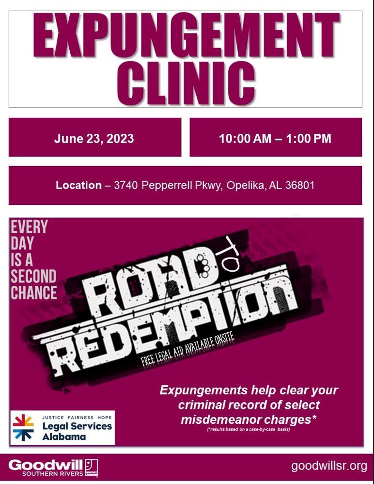 Expungement Clinic Flyer hosted by Goodwill of Southern Rivers