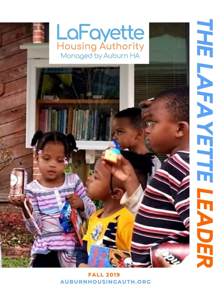 Lafayette Leader Fall Newsletter Front Page with children at the Little Free Library