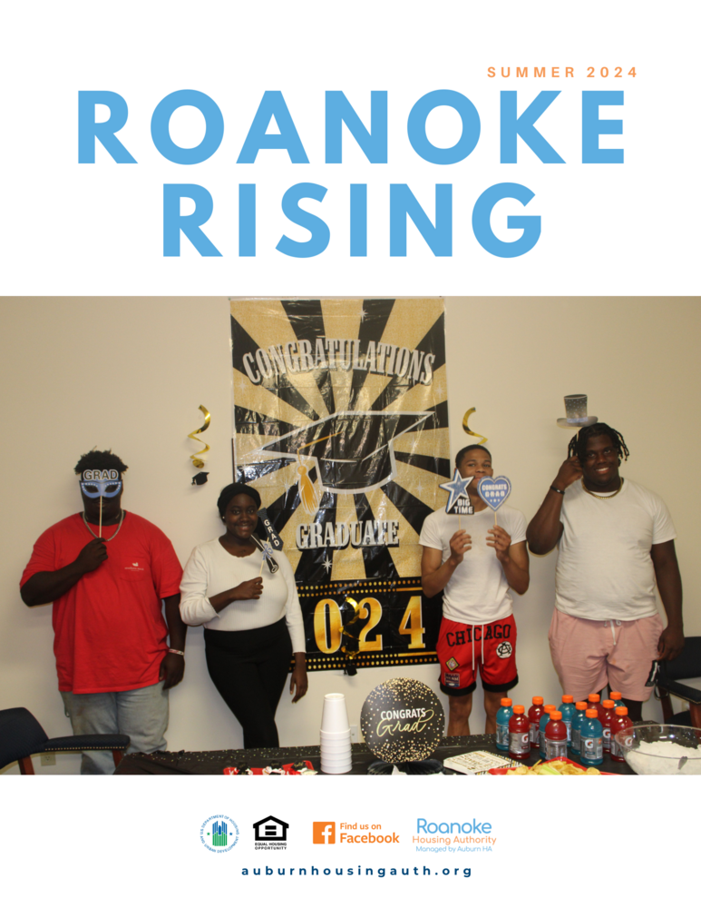 Roanoke Rising Summer 2024 Newsletter Cover with graduates holding props