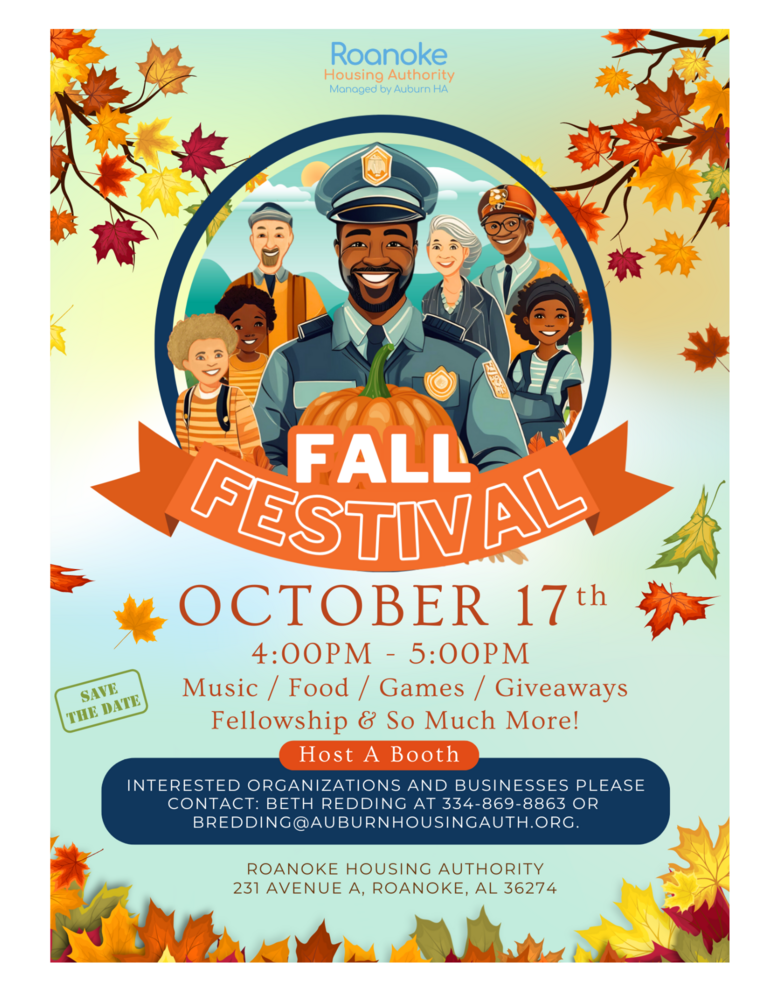 Roanoke Fall Festival Flyer with falling leaves and logo