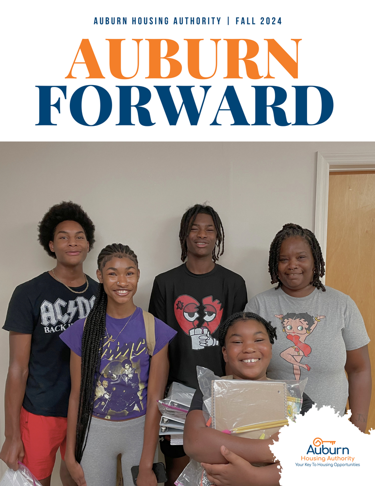 Auburn Forward Fall 2024 Newsletter Cover with family holding school supplies 