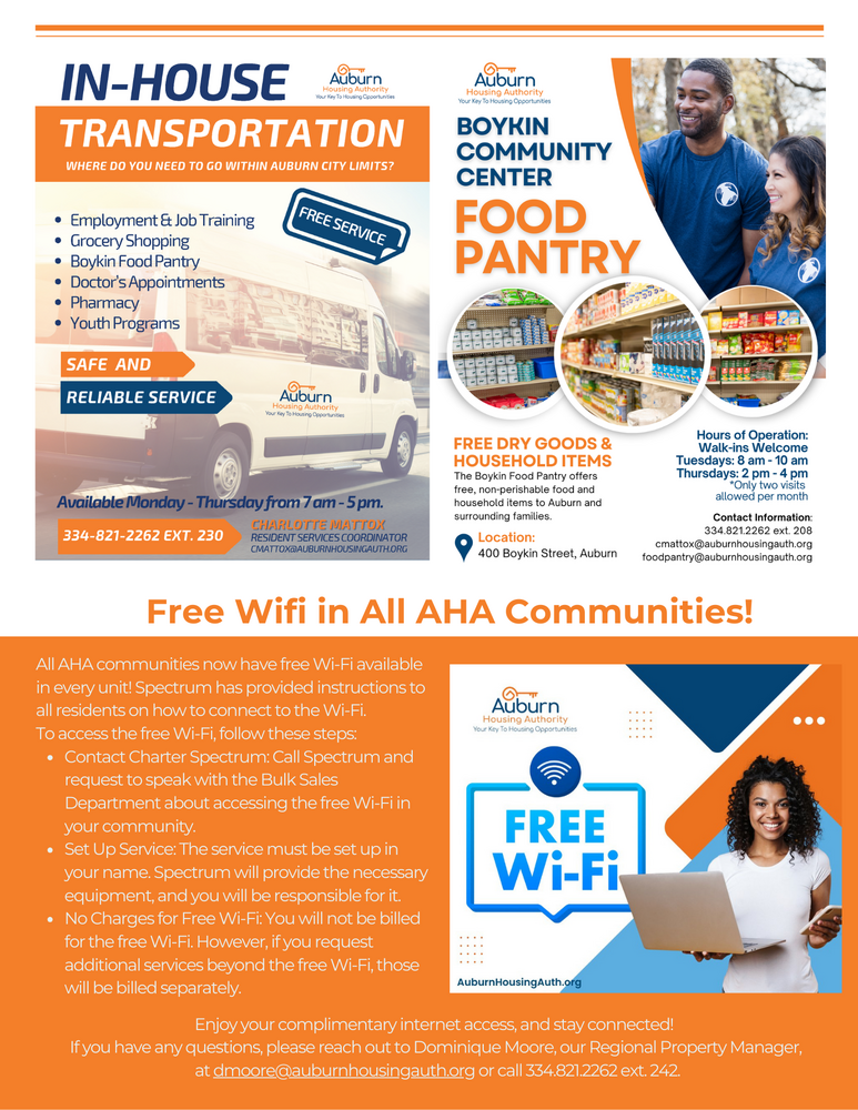 Auburn Forward newsletter page 3 transportation and pantry flyer and information about free wifi