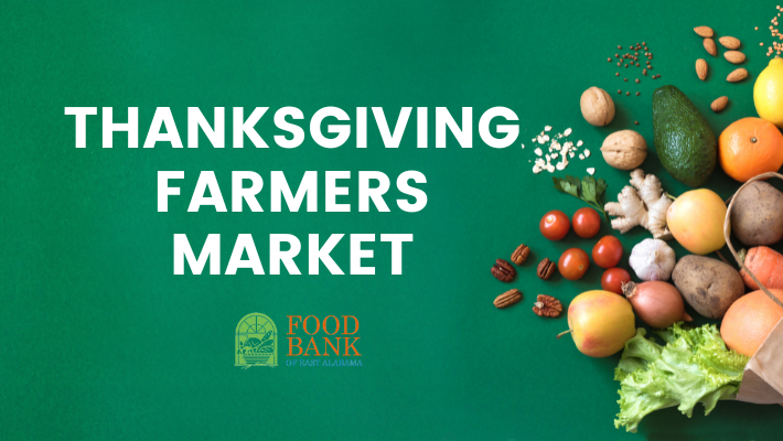 Thanksgiving Farmers Market website banner with fruit and vegetables and food bank logo