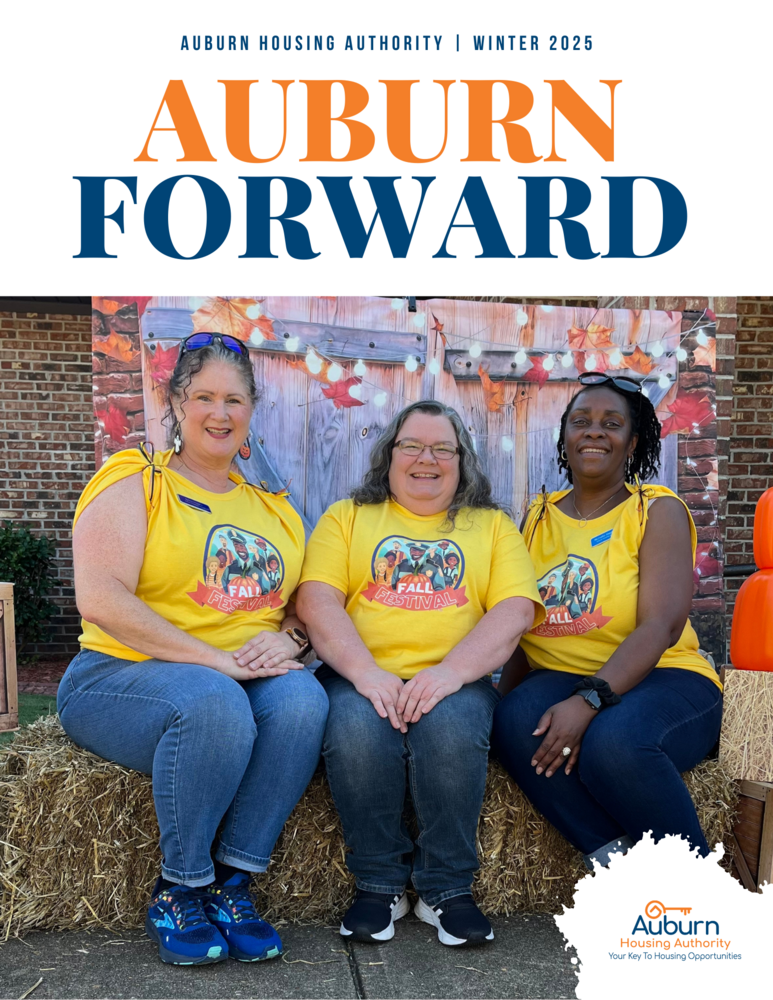 Auburn Forward Winter Edition 2025 Cover with three ladies sitting on hay at the fall festival