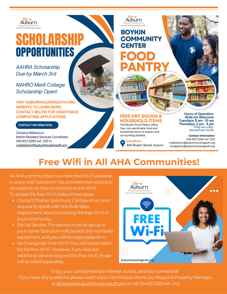 Auburn Forward Winter Edition flyers containing information about scholarships food pantry and wifi