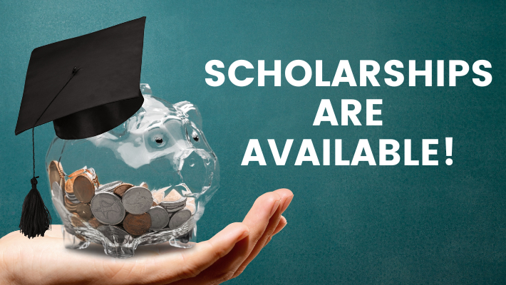 AHA website Banner  with piggy bank and graduate cap saying scholarships available