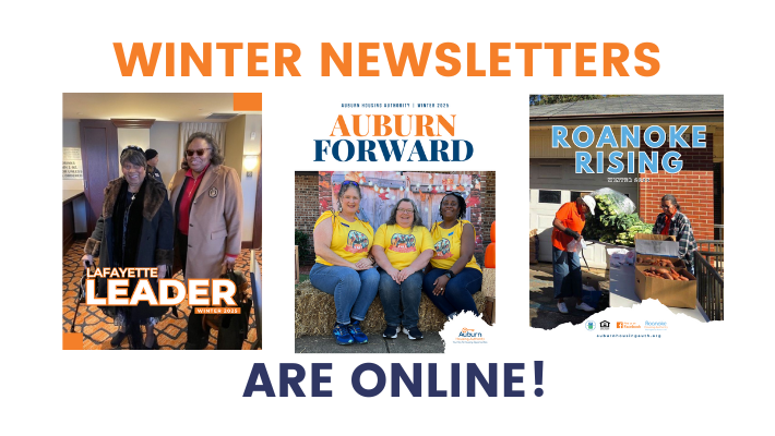 Website banner featuring the winter newsletter covers for auburn, roanoke, and lafayette housing authority